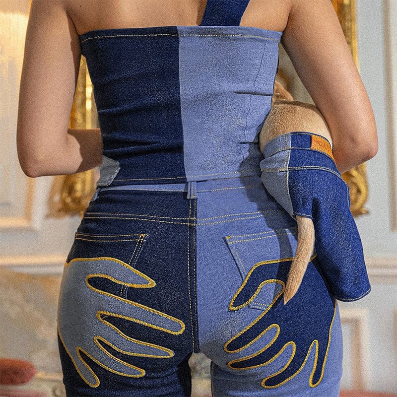 2022 Fashion Handprint Girls Jeans Women'S Fall Jeans Button Stretch Trouser Flare Bottom Contrast Patchwork Women's Jeans