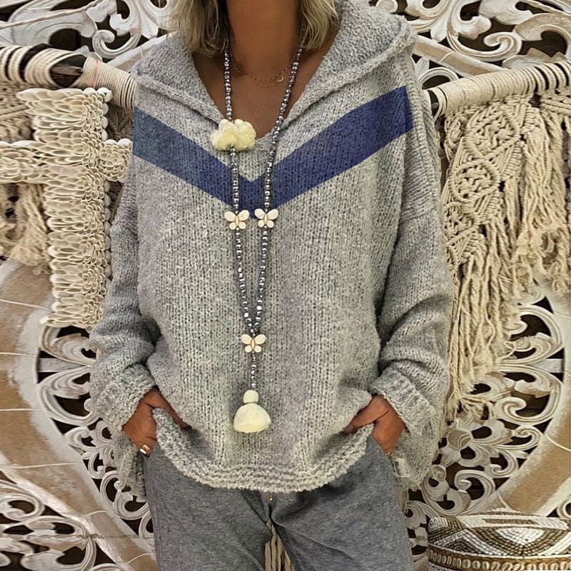2022 Fashion Hooded Knit Sweater Top Blue V-Neck Plus Size Women's Clothing