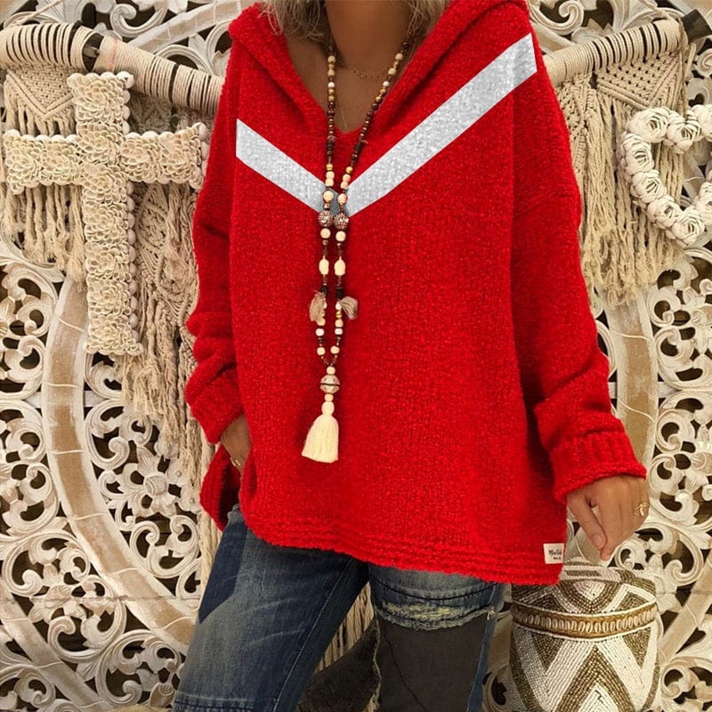 2022 Fashion Hooded Knit Sweater Top Blue V-Neck Plus Size Women's Clothing