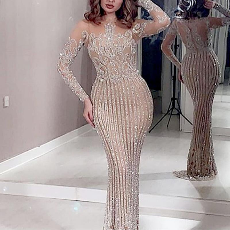 2022 Fashion Newest High Quality Mesh See-through Lace Sequin Gowns Elegant Women's Sexy  Evening Dresses