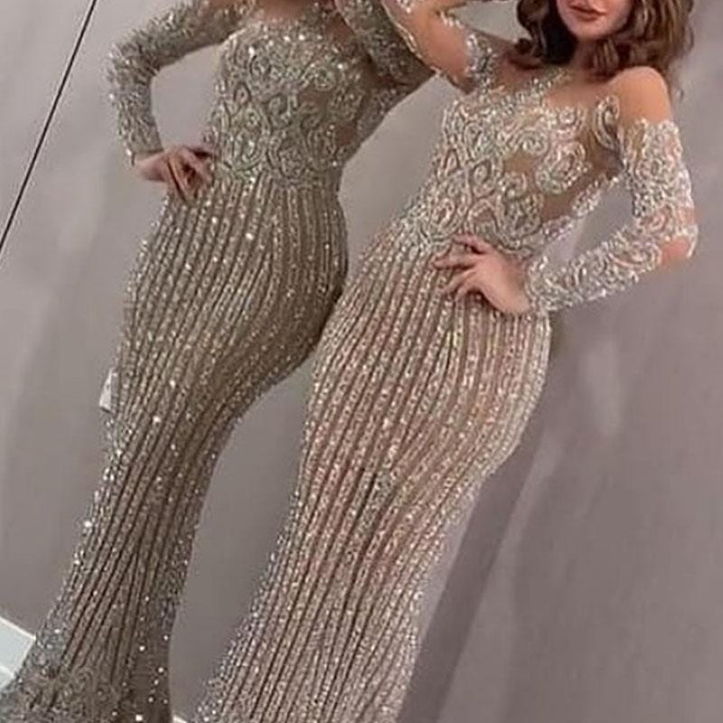 2022 Fashion Newest High Quality Mesh See-through Lace Sequin Gowns Elegant Women's Sexy  Evening Dresses