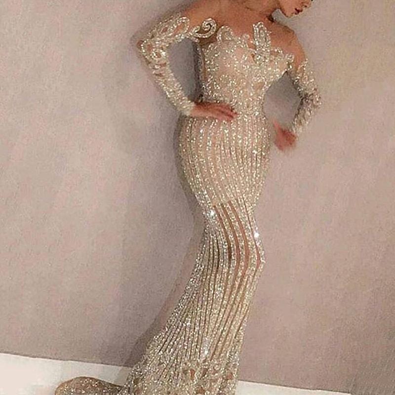 2022 Fashion Newest High Quality Mesh See-through Lace Sequin Gowns Elegant Women's Sexy Evening Dresses