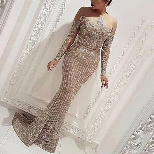 2022 Fashion Newest High Quality Mesh See-through Lace Sequin Gowns Elegant Women's Sexy  Evening Dresses