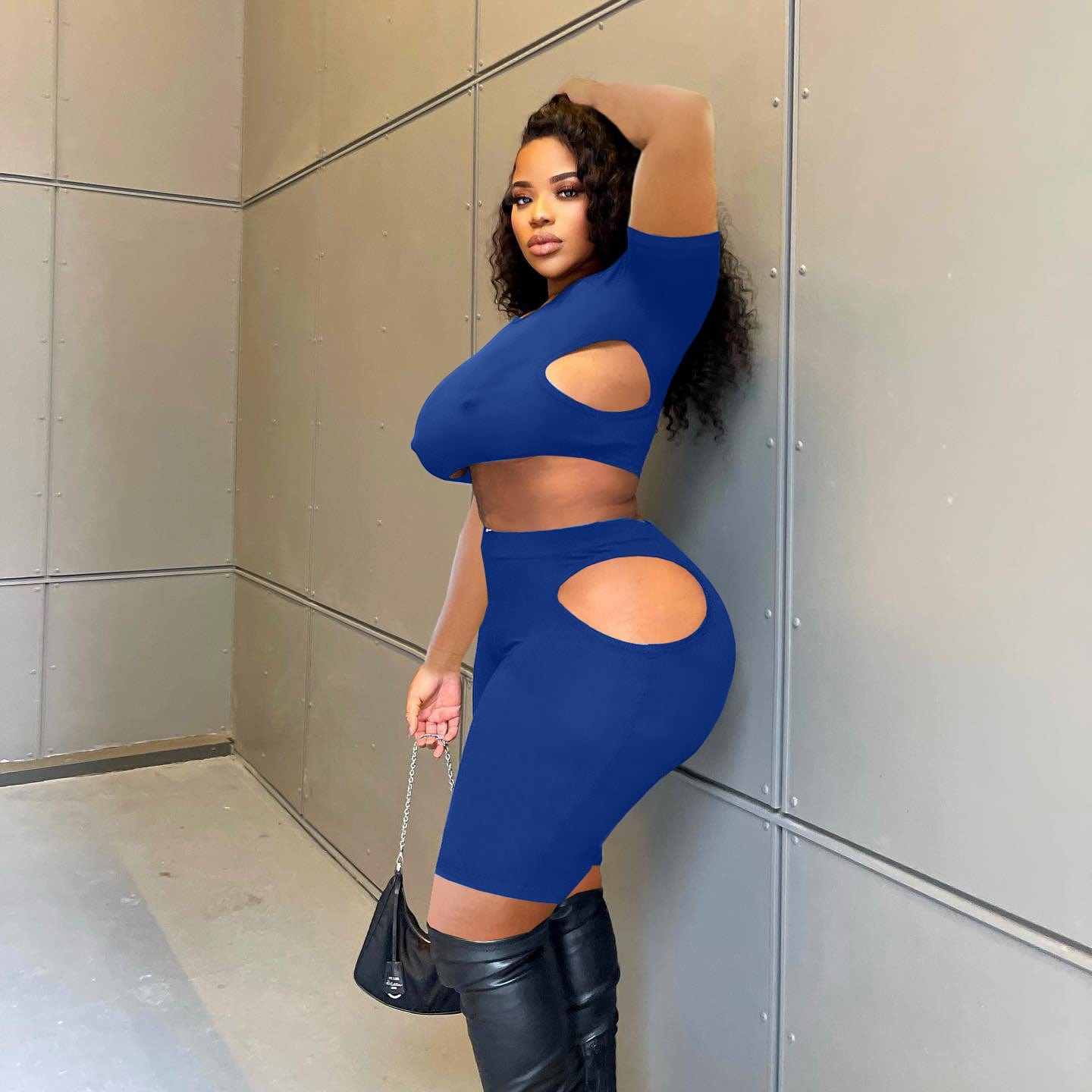 2022 Fashion Sexy Crop Top Cutout Bodycon Sport Shorts Sexy Plus Size Two Piece Outfit Set Women