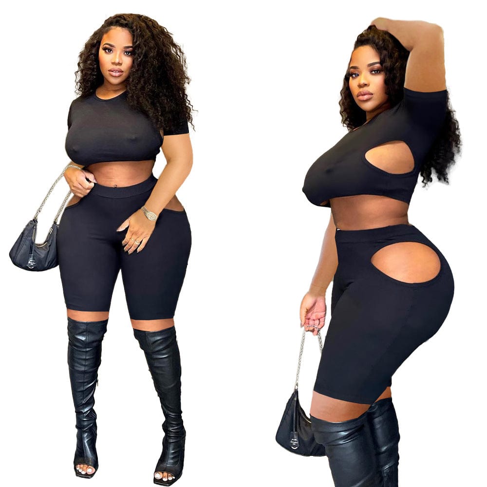 2022 Fashion Sexy Crop Top Cutout Bodycon Sport Shorts Sexy Plus Size Two Piece Outfit Set Women