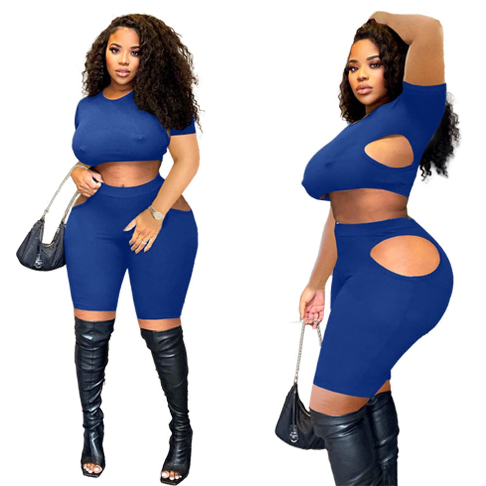 2022 Fashion Sexy Crop Top Cutout Bodycon Sport Shorts Sexy Plus Size Two Piece Outfit Set Women