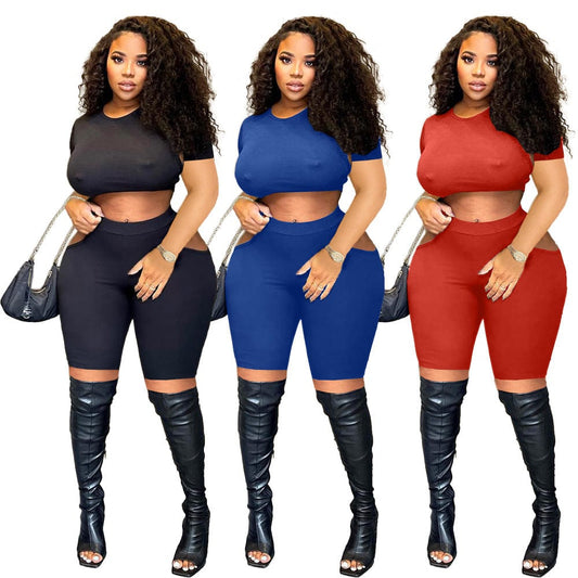 2022 Fashion Sexy Crop Top Cutout Bodycon Sport Shorts Sexy Plus Size Two Piece Outfit Set Women