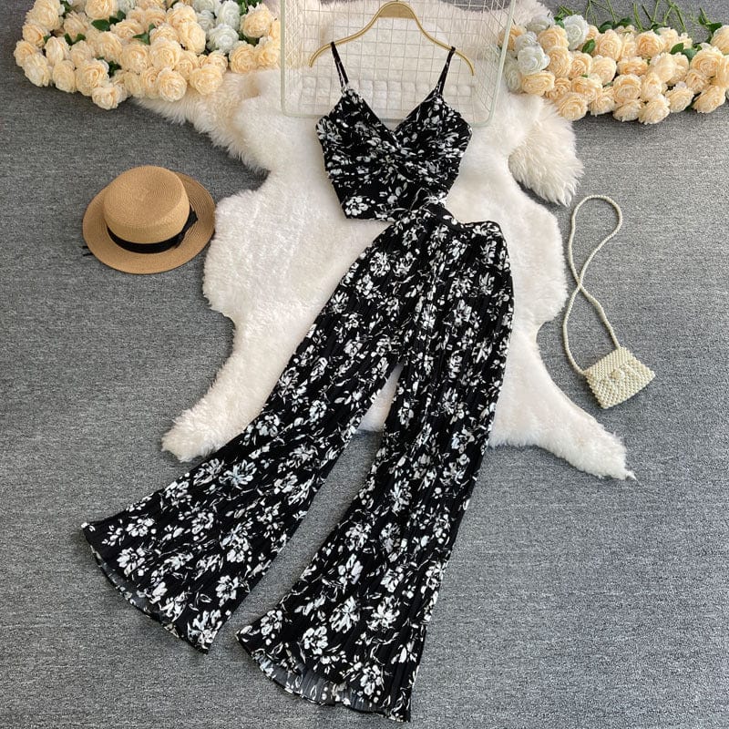 2022 floral vacation set women summer tank top blouse sleeveless chiffon wide leg pants women sets two piece pants