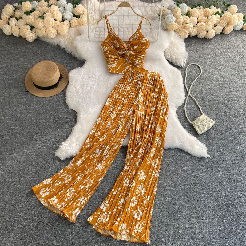 2022 floral vacation set women summer tank top blouse sleeveless chiffon wide leg pants women sets two piece pants