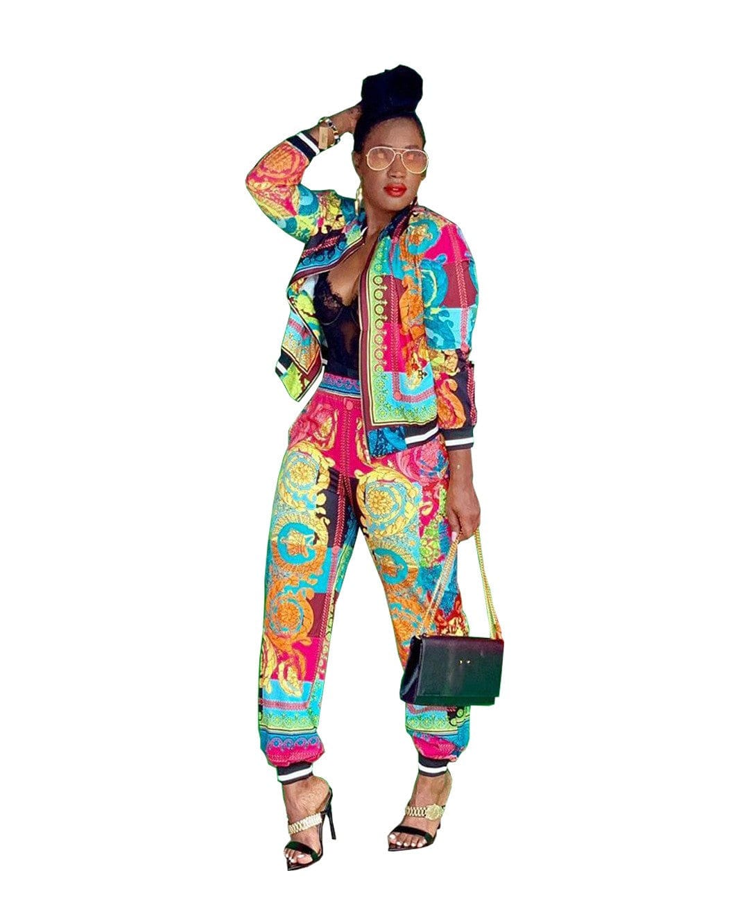 2022 Good Quality Fashion Clothes Zip Jacket Two Piece Pants Set Plus Size Colorful Print 2 Piece Set Women