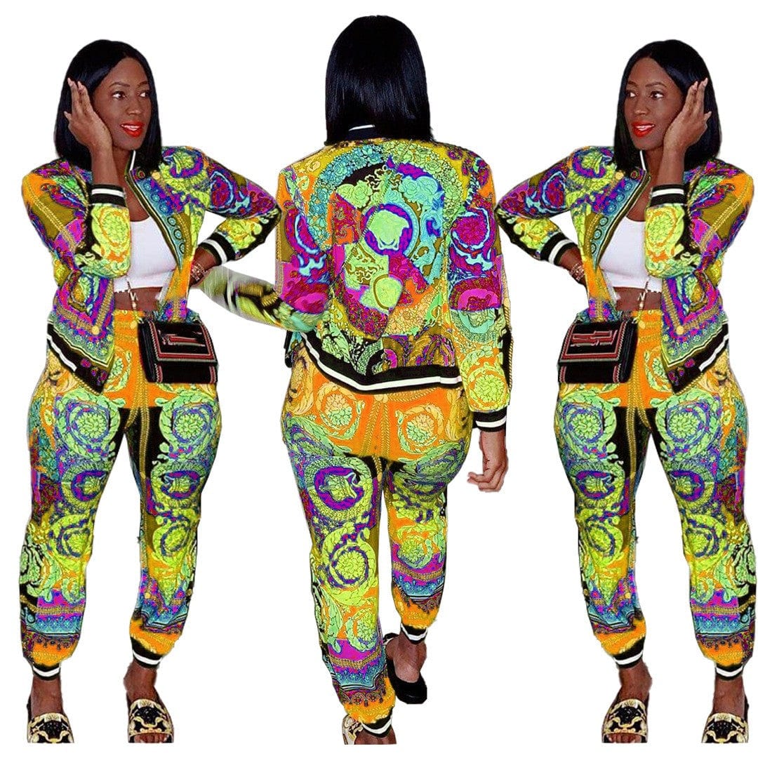 2022 Good Quality Fashion Clothes Zip Jacket Two Piece Pants Set Plus Size Colorful Print 2 Piece Set Women