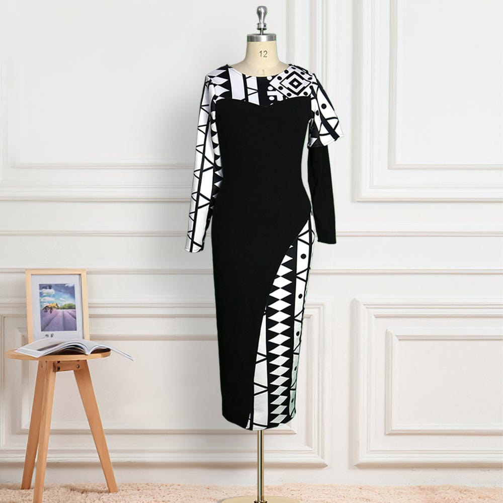 2022 Hot Sale Classy Vintage Printed Geometric Women Office Career Dress