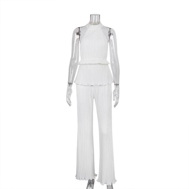 2022 Hot Sale Elegant Casual Loose Pleated Halter Tank Tops 2 Piece Pants Sets Wide Leg Pants Lounge Wear Women Two Piece Set