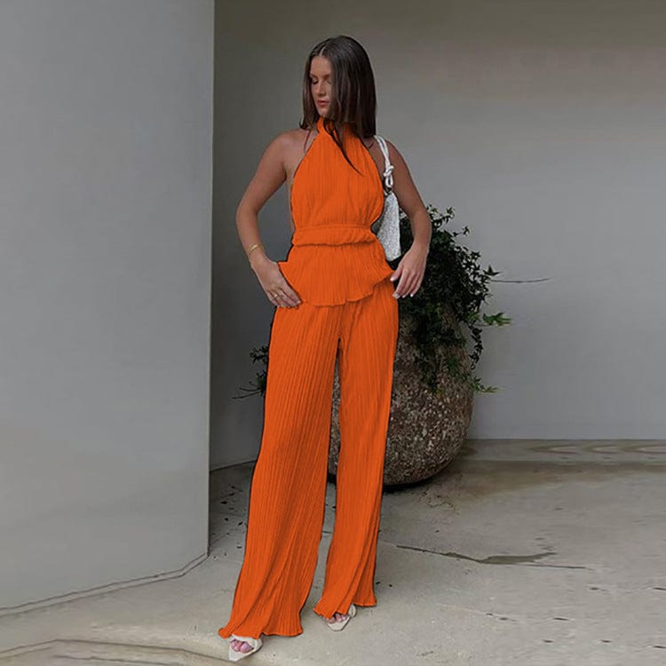2022 Hot Sale Elegant Casual Loose Pleated Halter Tank Tops 2 Piece Pants Sets Wide Leg Pants Lounge Wear Women Two Piece Set