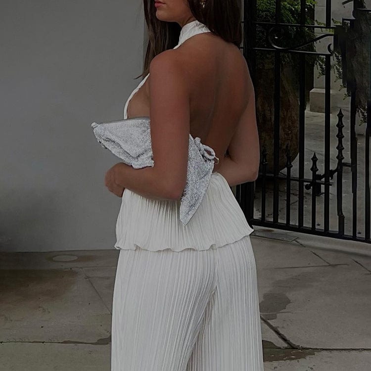 2022 Hot Sale Elegant Casual Loose Pleated Halter Tank Tops 2 Piece Pants Sets Wide Leg Pants Lounge Wear Women Two Piece Set
