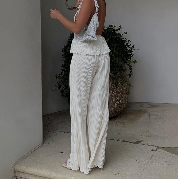 2022 Hot Sale Elegant Casual Loose Pleated Halter Tank Tops 2 Piece Pants Sets Wide Leg Pants Lounge Wear Women Two Piece Set