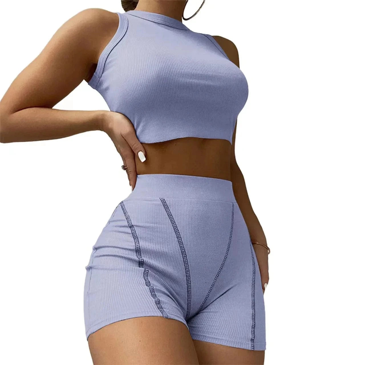 2022 INS Hot Ribbed Stretchy Fabric Crew Neck Crop Top and Shorts Pants Outfit Women Casual Two Piece Set