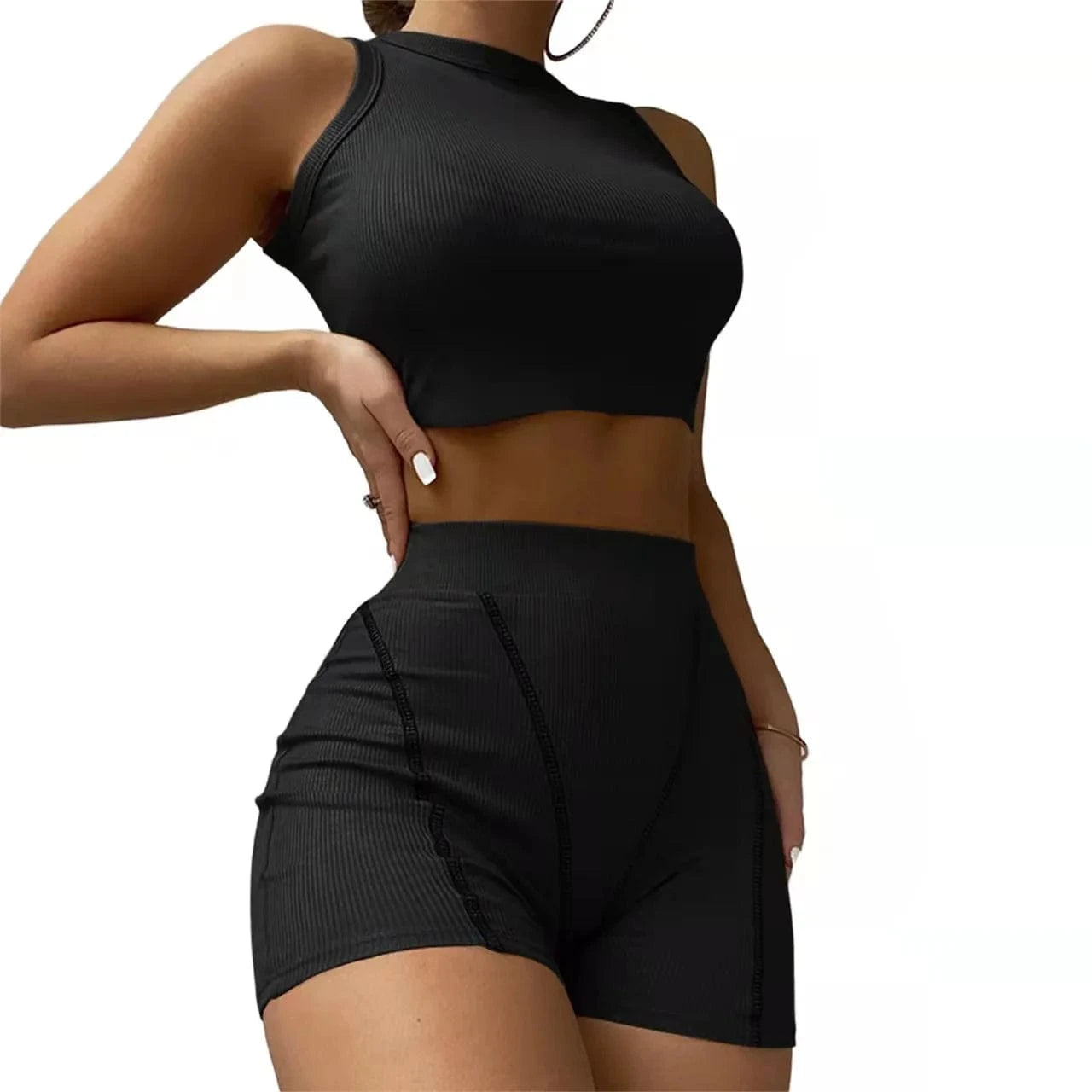 2022 INS Hot Ribbed Stretchy Fabric Crew Neck Crop Top and Shorts Pants Outfit Women Casual Two Piece Set
