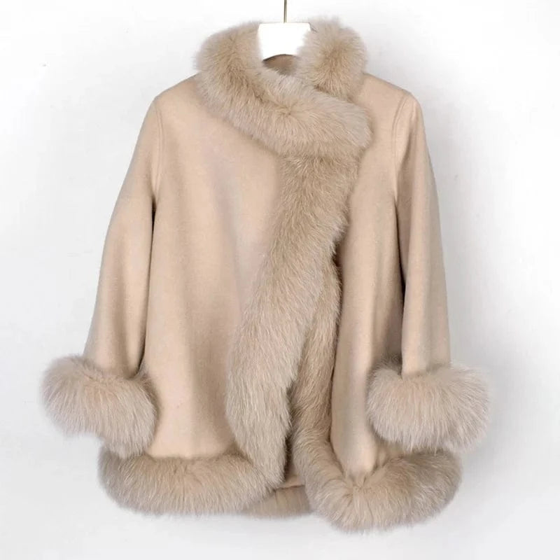 2022 Ladies Wool Coats Thick Warm Cashmere Winter Coat With Fox Fur Trim Collar
