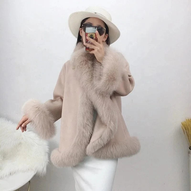 2022 Ladies Wool Coats Thick Warm Cashmere Winter Coat With Fox Fur Trim Collar