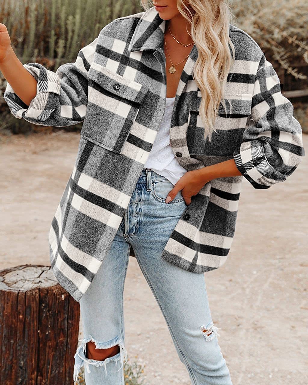 2022 Latest Winter Plaid Patchwork Coat Casual Women Jacket Oversize Polyester Loose Women Clothing