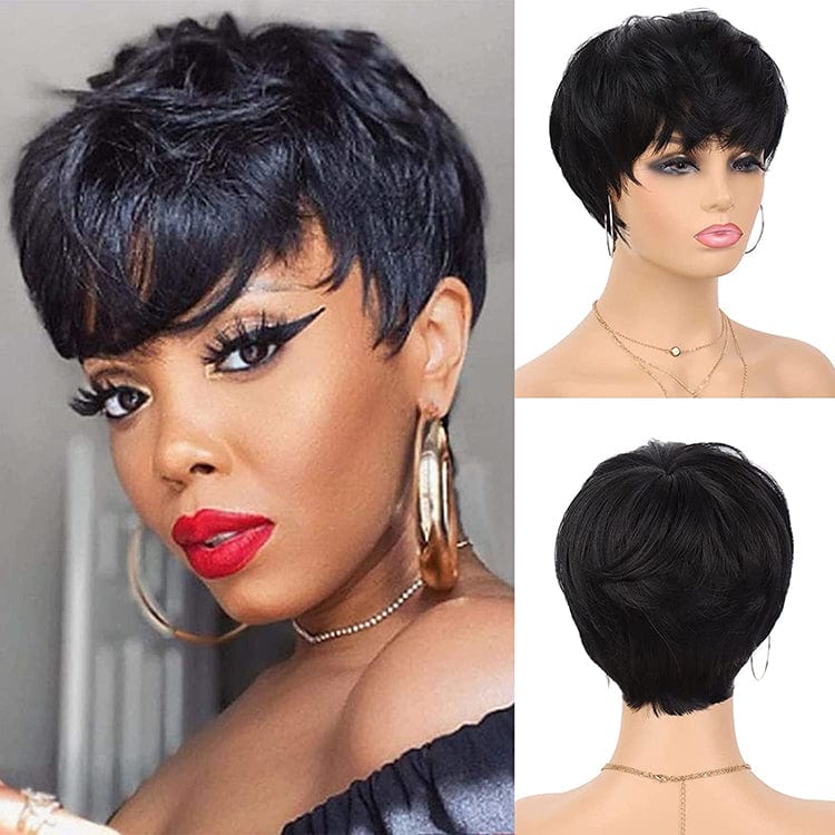 2022 NEW 12 inch Short Haircut Pixie Wig 100% High Temperature Synthetic Hair Fiber Black Color Wig for Black Woman