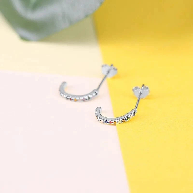 2022 NEW 925 Sterling Silver rainbow multicolor mini C shaped cuff stud earring