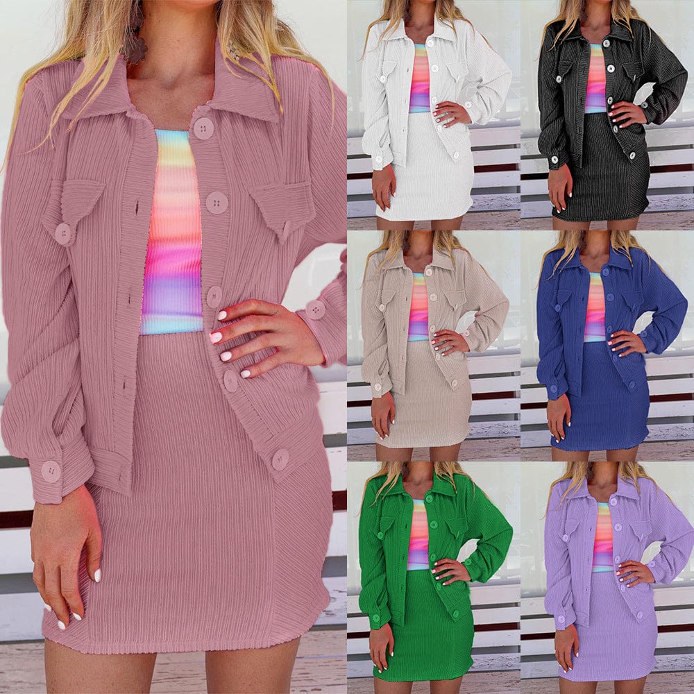 2022 New Arrival Casual Solid Color Fabric Sweatshirt Womens Two Fall 2 Piece Short skirt Clothing Sets