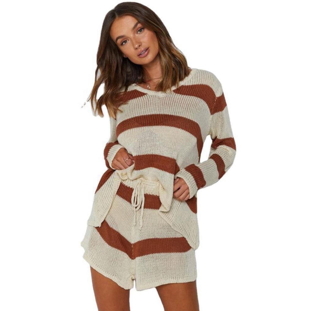 2022 New Arrival European And American Women's Clothing Street Sports Striped Sweater Shorts Suit Two-Piece Set