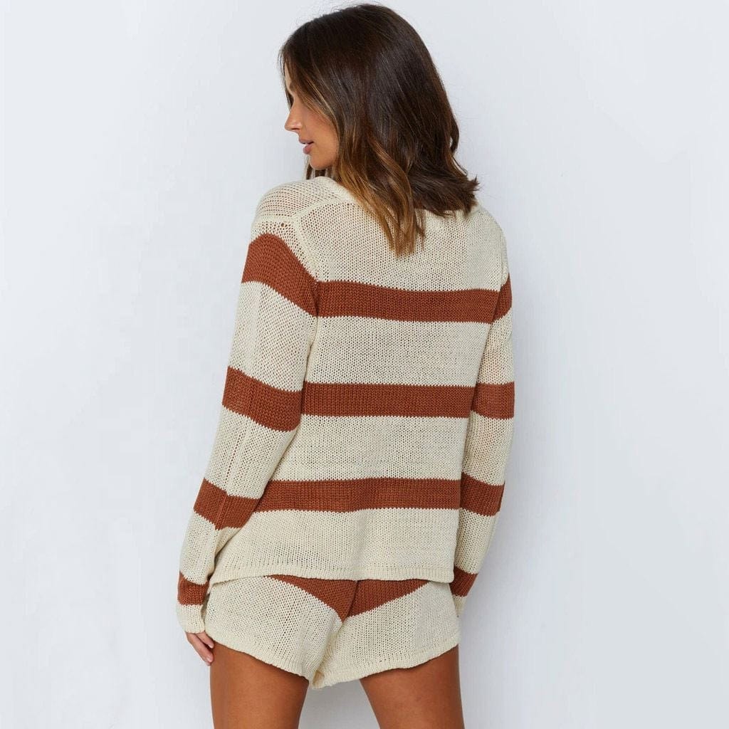 2022 New Arrival European And American Women's Clothing Street Sports Striped Sweater Shorts Suit Two-Piece Set