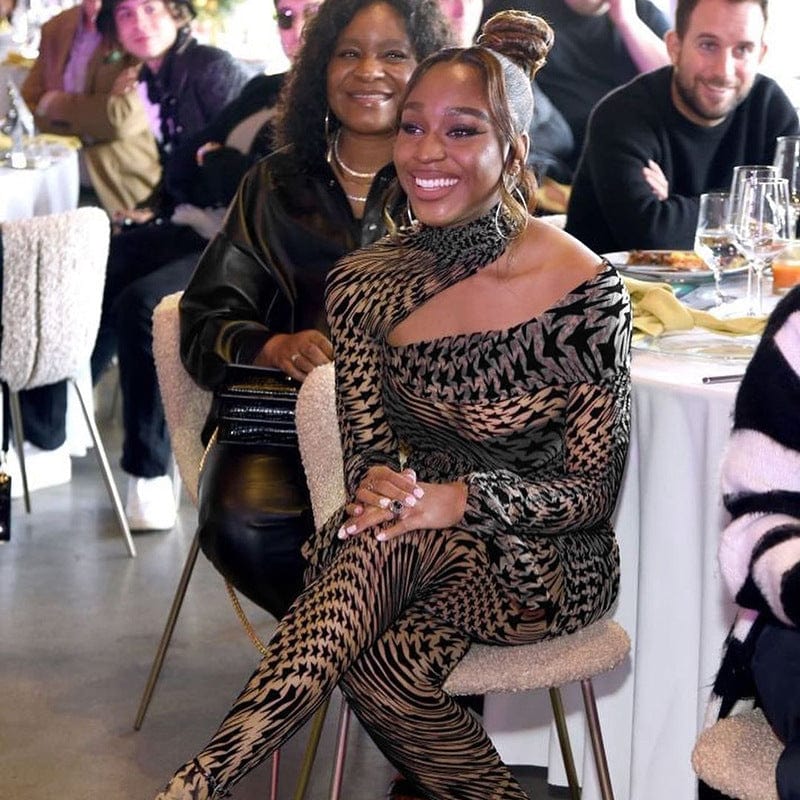 2022 New Arrival Fashion Sexy Mesh Print Irregular Tops High Waist Long Pants See Through Women Two Piece Skirt Set