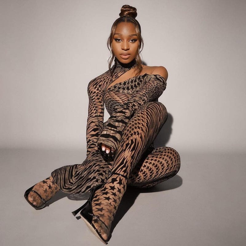 2022 New Arrival Fashion Sexy Mesh Print Irregular Tops High Waist Long Pants See Through Women Two Piece Skirt Set