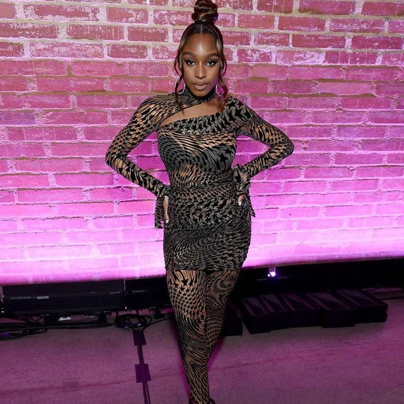 2022 New Arrival Fashion Sexy Mesh Print Irregular Tops High Waist Long Pants See Through Women Two Piece Skirt Set