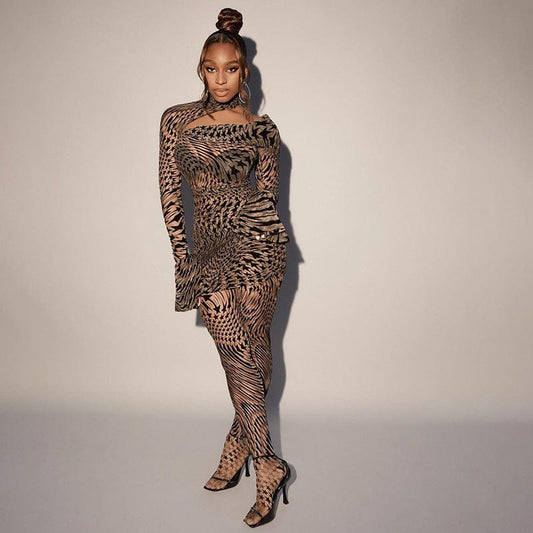 2022 New Arrival Fashion Sexy Mesh Print Irregular Tops High Waist Long Pants See Through Women Two Piece Skirt Set