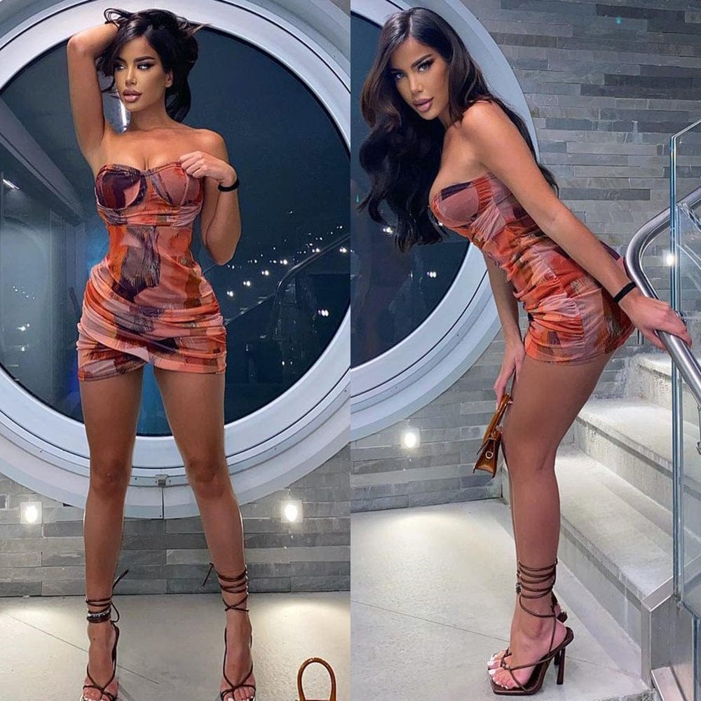 2022 New arrival fashion sleeveless print dress sexy strapless mini dress backless women casual dress