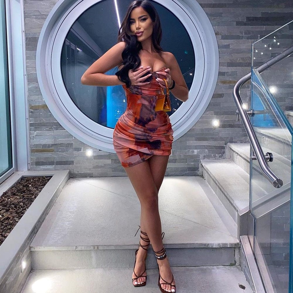 2022 New arrival fashion sleeveless print dress sexy strapless mini dress backless women casual dress