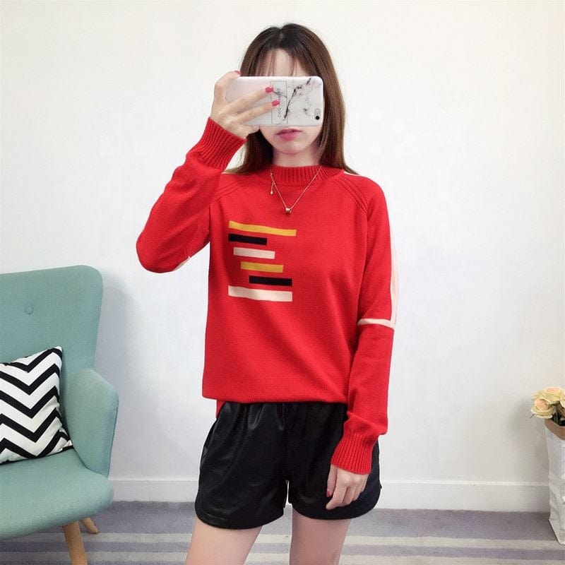 2022 NEW ARRIVAL Korean Style Crew Neck Patchwork Print Stripe Woman Sweater