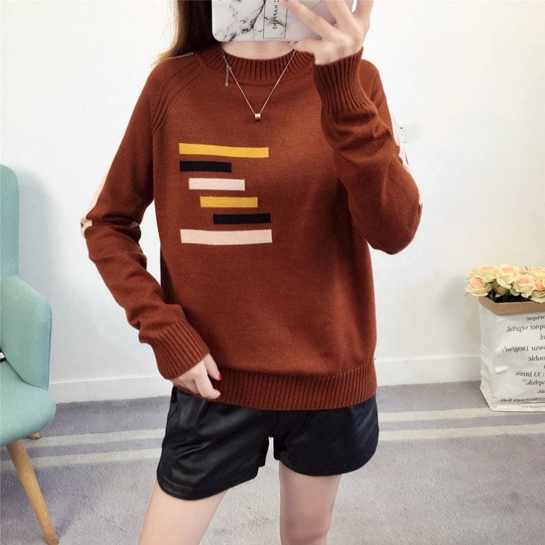 2022 NEW ARRIVAL Korean Style Crew Neck Patchwork Print Stripe Woman Sweater
