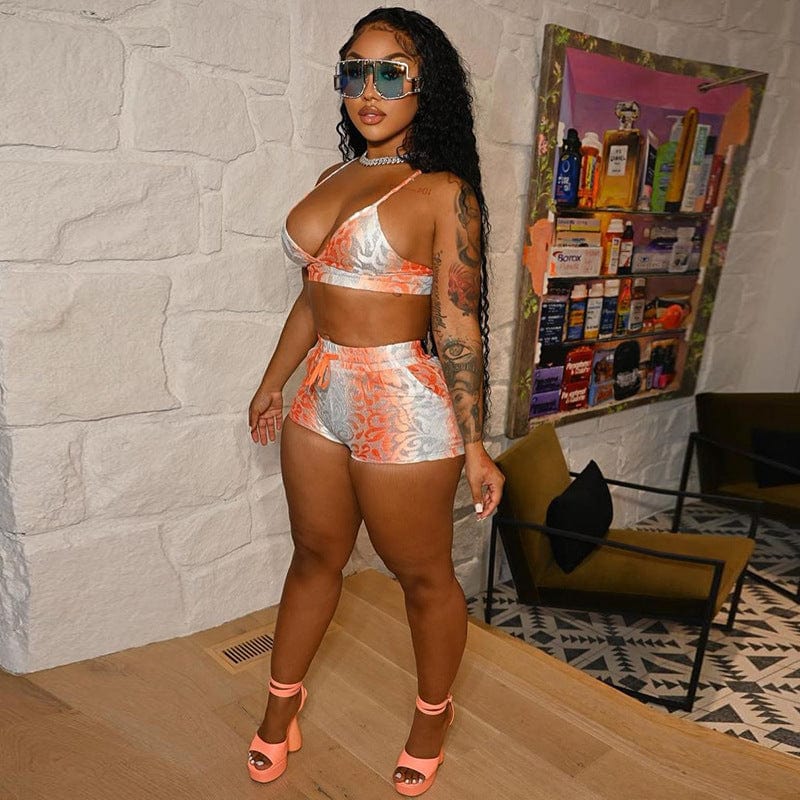 2022 New Arrival  Sexy Printing Halter Crop Top and Short Two Pieces Set For Women