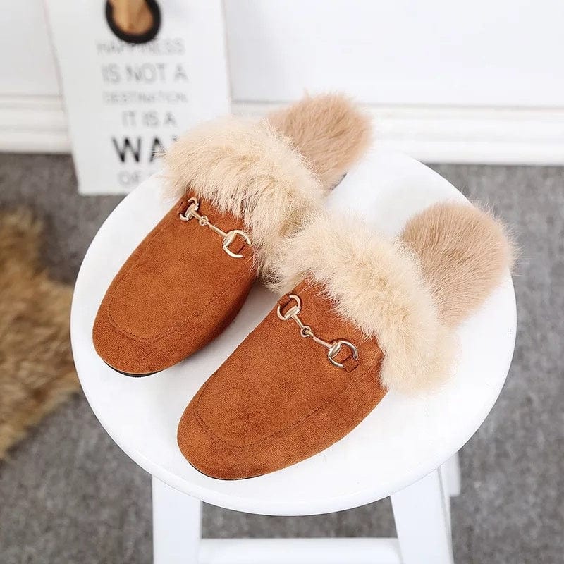 2022 New Arrival Winter Mules Rabbit Fur Shoes Women Slippers With Metal Chain Tassel Decoration