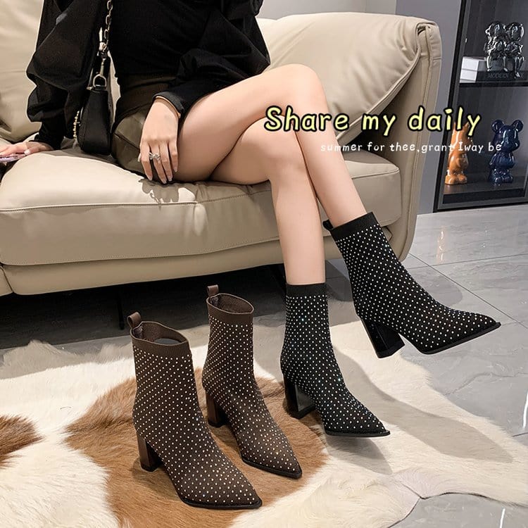 2022 new arrival women plus size cusp mouth rhinestone transparent high heels short booties stretchy sexy customized logo boots