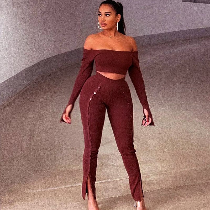 2022 new arrivals sexy off shoulder long sleeve crop top and Slit button pants two pieces set women