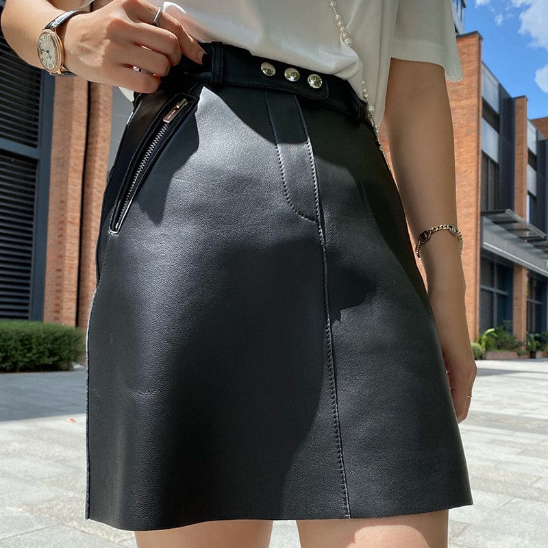 2022 New Arrivals Wholesale Genuine Leather Skirts Sexy High Waist Black Short Mini Rivet Leather Skirts