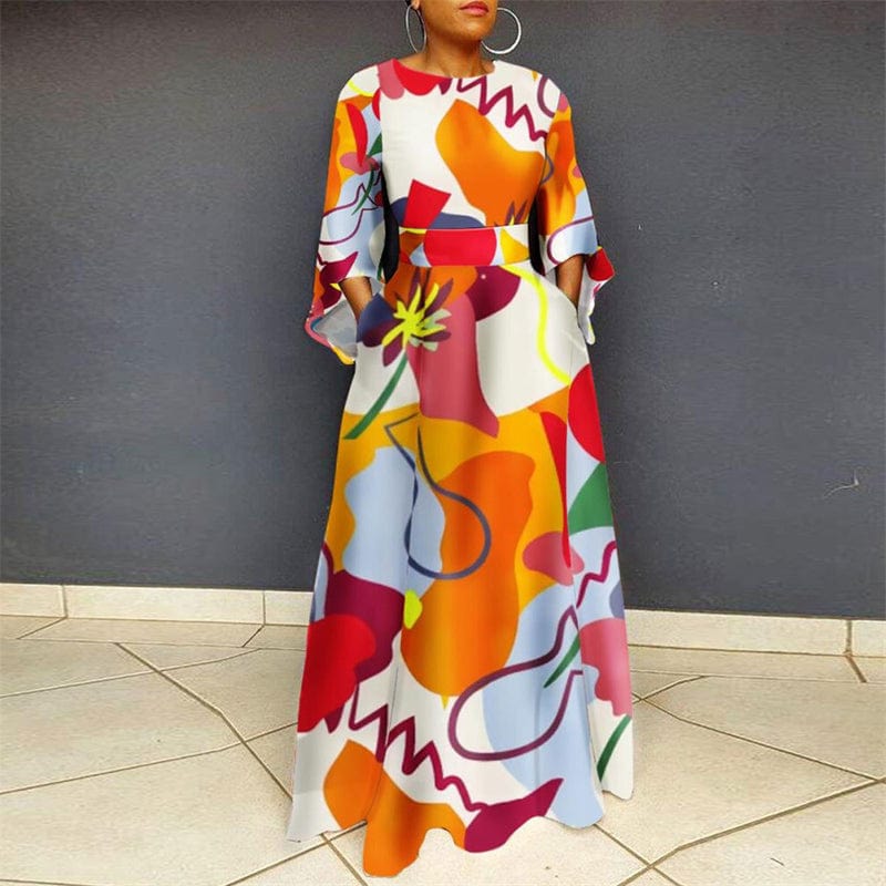 2022 new beautiful modest dress casual women plus size floral print fabric long sleeve beach maxi long dress women clothing