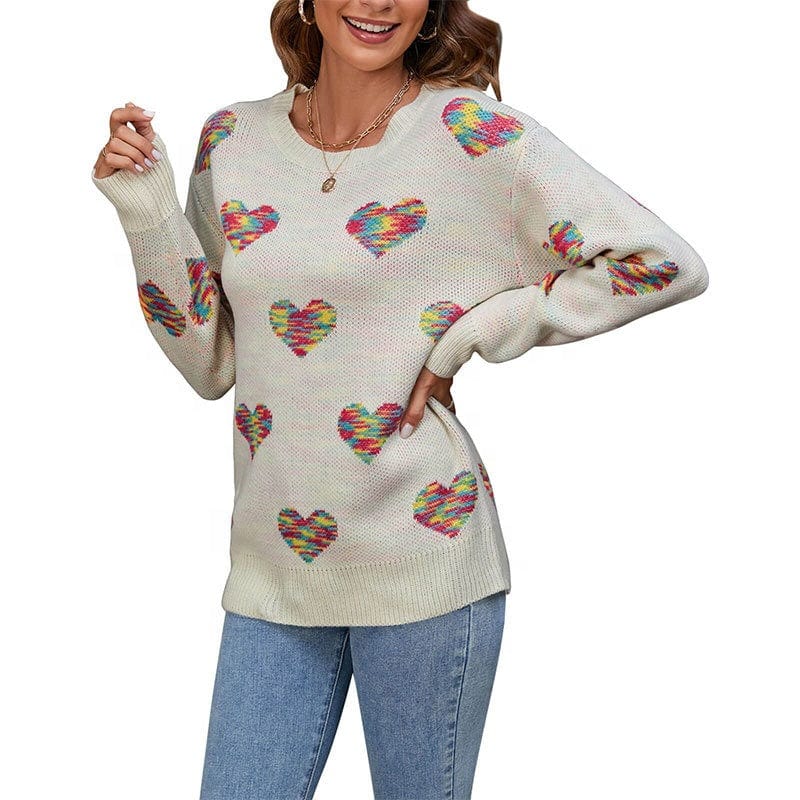 2022 New Cross-Border Loose Pullover Sweater Full Color Jacquard Love For Women