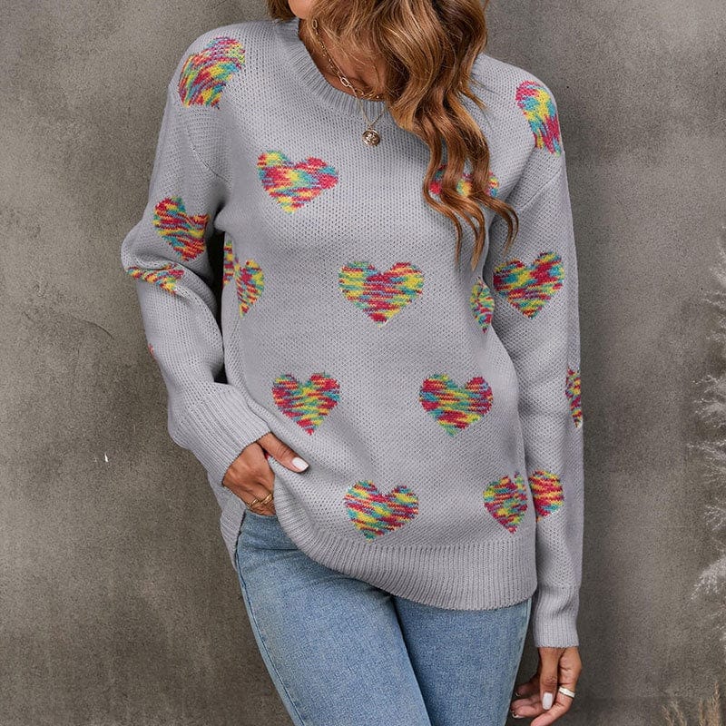2022 New Cross-Border Loose Pullover Sweater Full Color Jacquard Love For Women