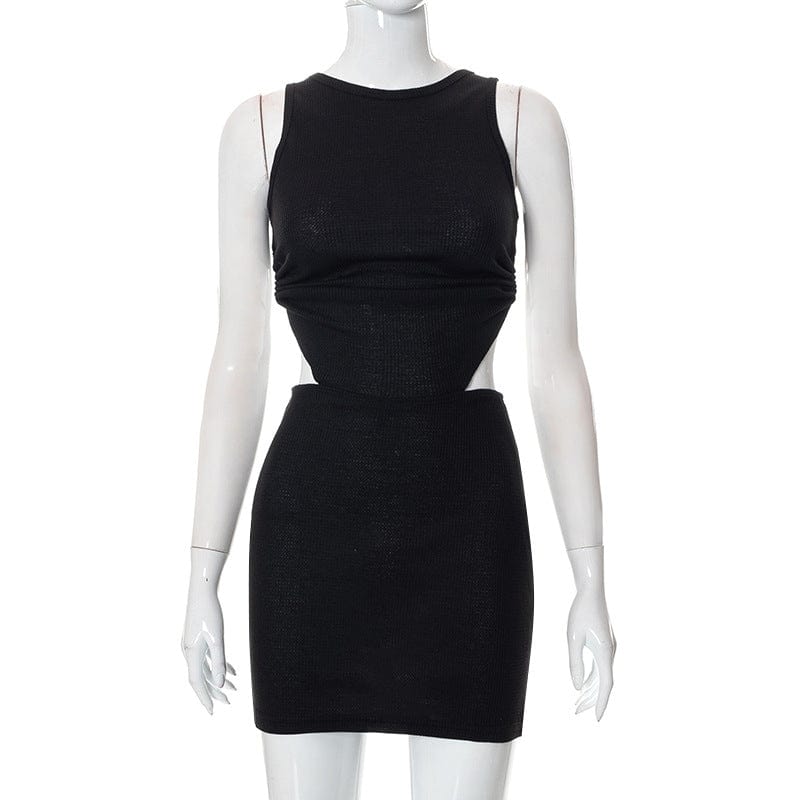 2022 New Design Spring O Neck Hollow Out Dress Slim Halter Spliced Dress Irregular High Waist Mini Dress For Women