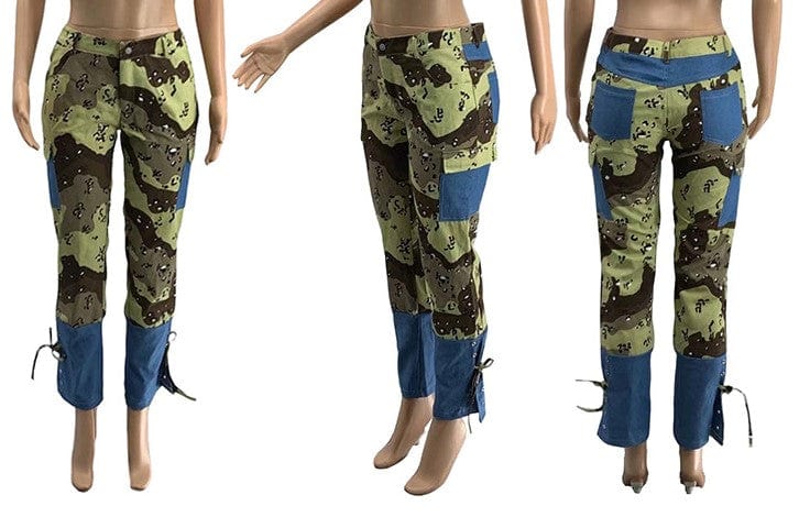 2022 New Design Stylish Jeans Long Pants Bandage Patchwork Cargo Pants Camouflage High Waist Cargo Pants