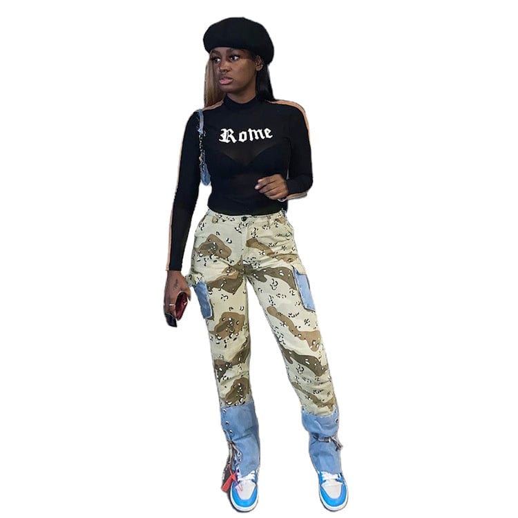 2022 New Design Stylish Jeans Long Pants Bandage Patchwork Cargo Pants Camouflage High Waist Cargo Pants