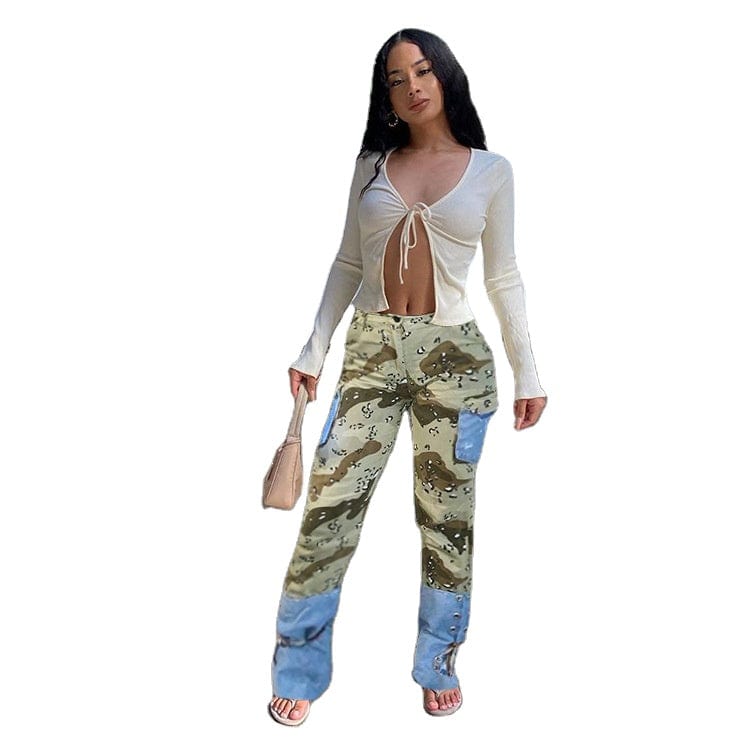 2022 New Design Stylish Jeans Long Pants Bandage Patchwork Cargo Pants Camouflage High Waist Cargo Pants